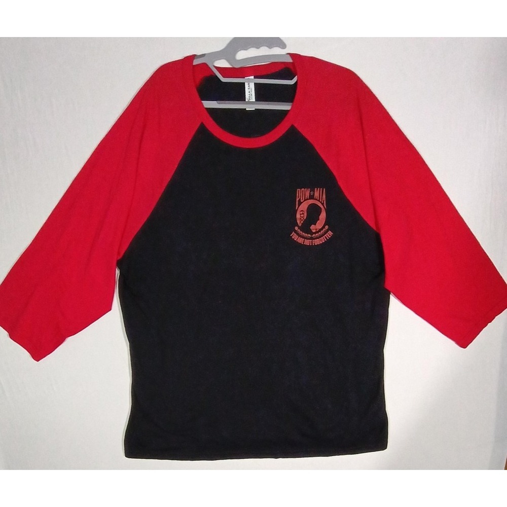 POW MIA Shirt Mens Medium Black Red Raglan 3/4 Sleeve Bella Canvas Tee Military